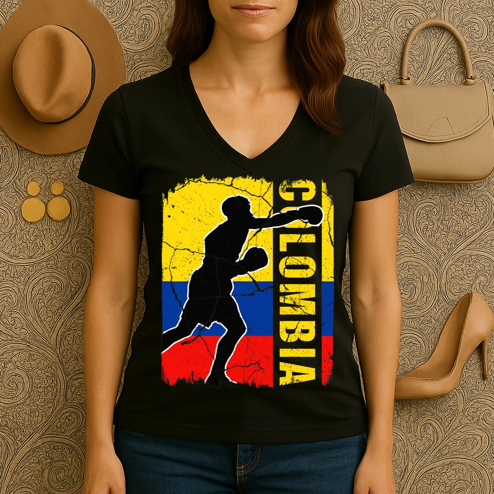Colombian Boxing Team Colombia Flag Boxing Gloves Women's V-Neck T-Shirt