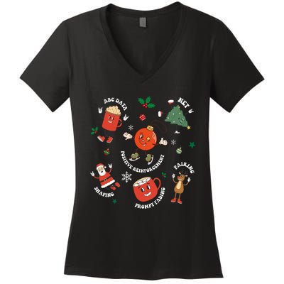 Christmas Behavior Therapist Aba Squad Behavior Analyst Women's V-Neck T-Shirt