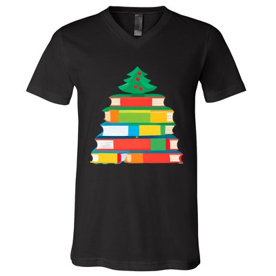 Christmas Books Tree Teacher Student Xmas Holiday Pajamas V-Neck T-Shirt