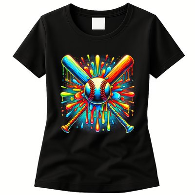 Colorful Baseball Tie Dye Baseball Home Plate Drip Womens T-Shirt