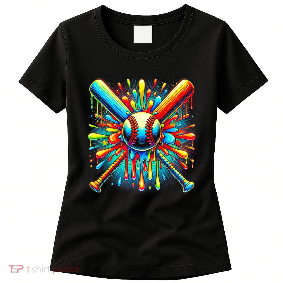 Colorful Baseball Tie Dye Baseball Home Plate Drip Womens T-Shirt