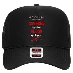 Covered By The Blood Of Jesus Christian Halloween Funny High Crown Mesh Back Trucker Hat