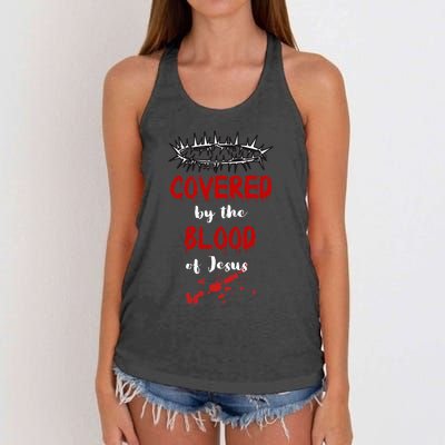 Covered By The Blood Of Jesus Christian Halloween Funny Women's Knotted Racerback Tank