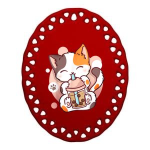 Cat Boba Tea Bubble Tea Anime Kawaii Neko Ceramic Oval Ornament