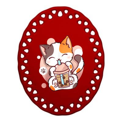 Cat Boba Tea Bubble Tea Anime Kawaii Neko Ceramic Oval Ornament