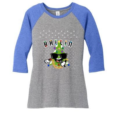 Christmas Ballin Tree Microphone Snowing Ugly Style Gift Women's Tri-Blend 3/4-Sleeve Raglan Shirt