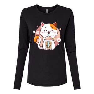 Cat Boba Tea Bubble Tea Anime Kawaii Neko Womens Cotton Relaxed Long Sleeve T-Shirt