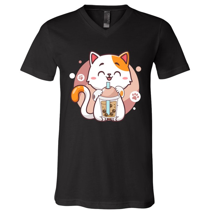 Cat Boba Tea Bubble Tea Anime Kawaii Neko V-Neck T-Shirt