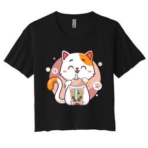 Cat Boba Tea Bubble Tea Anime Kawaii Neko Women's Crop Top Tee