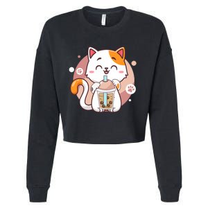 Cat Boba Tea Bubble Tea Anime Kawaii Neko Cropped Pullover Crew