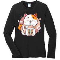 Cat Boba Tea Bubble Tea Anime Kawaii Neko Ladies Long Sleeve Shirt