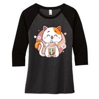 Cat Boba Tea Bubble Tea Anime Kawaii Neko Women's Tri-Blend 3/4-Sleeve Raglan Shirt