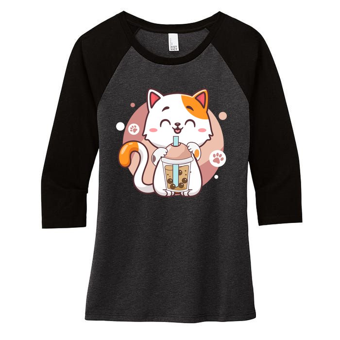 Cat Boba Tea Bubble Tea Anime Kawaii Neko Women's Tri-Blend 3/4-Sleeve Raglan Shirt