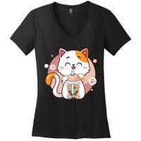 Cat Boba Tea Bubble Tea Anime Kawaii Neko Women's V-Neck T-Shirt