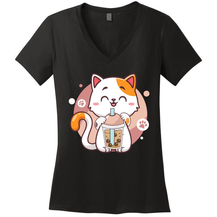 Cat Boba Tea Bubble Tea Anime Kawaii Neko Women's V-Neck T-Shirt