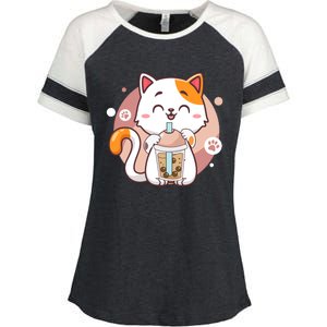 Cat Boba Tea Bubble Tea Anime Kawaii Neko Enza Ladies Jersey Colorblock Tee