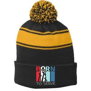 Christian Born To Serve Jesus Cross Walk by Faith Stripe Pom Pom Beanie