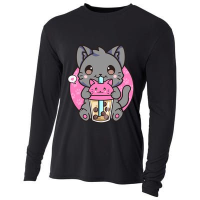 Cat Boba Tea Kawaii Anime Funny Gifts For Girl Boy Teens Cooling Performance Long Sleeve Crew