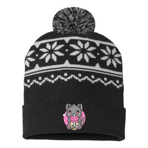 Cat Boba Tea Kawaii Anime Funny Gifts For Girl Boy Teens USA-Made Snowflake Beanie