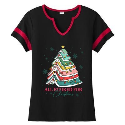 Christmas Book Tree Retro All Booked For Christmas Women Ladies Halftime Notch Neck Tee