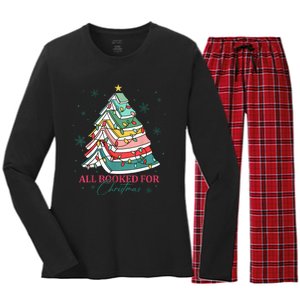 Christmas Book Tree Retro All Booked For Christmas Women Women's Long Sleeve Flannel Pajama Set 