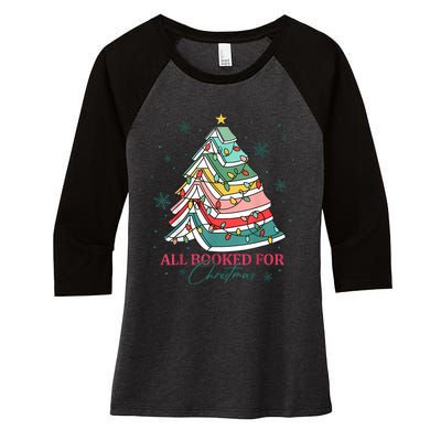 Christmas Book Tree Retro All Booked For Christmas Women Women's Tri-Blend 3/4-Sleeve Raglan Shirt