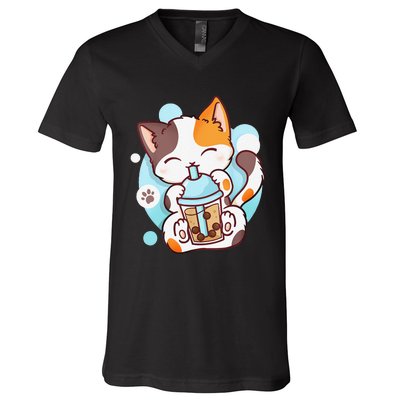 Cat Boba Tea Bubble Tea Anime Kawaii Neko V-Neck T-Shirt