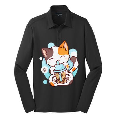 Cat Boba Tea Bubble Tea Anime Kawaii Neko Silk Touch Performance Long Sleeve Polo