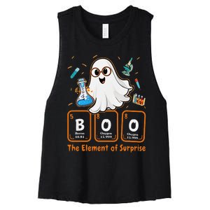 Chemistry Boo The Element Of Surprise Funny Periodic Table Gift Women's Racerback Cropped Tank