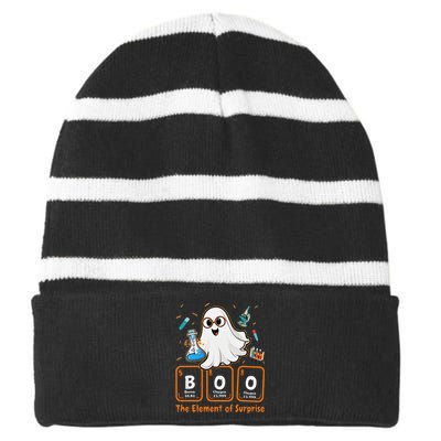 Chemistry Boo The Element Of Surprise Funny Periodic Table Gift Striped Beanie with Solid Band