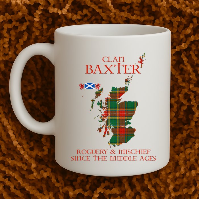 Clan Baxter Tartan Scotland Maps Saltire Lion Rampant Mug