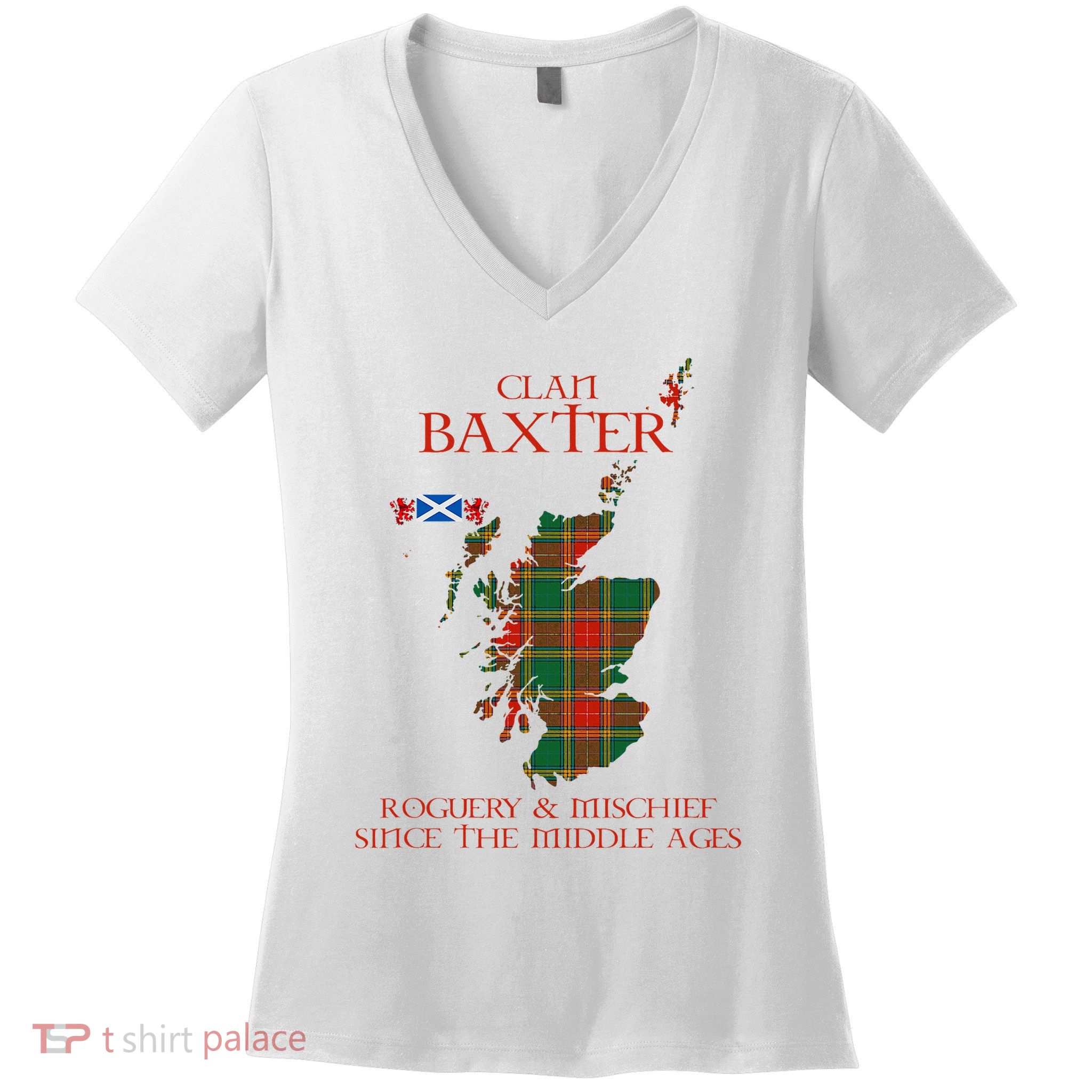 Clan Baxter Tartan Scotland Maps Saltire Lion Rampant Women's V-Neck T-Shirt
