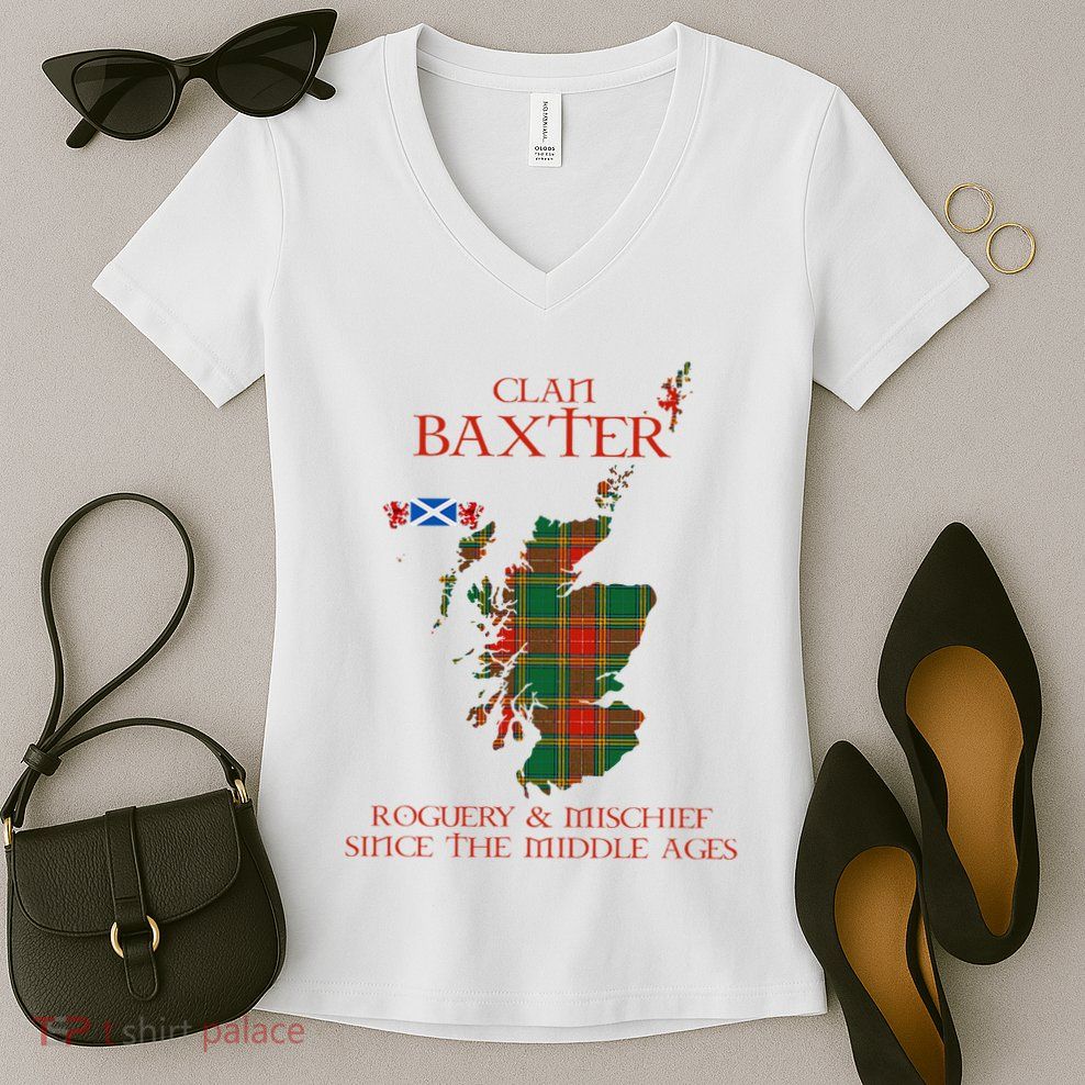 Clan Baxter Tartan Scotland Maps Saltire Lion Rampant Women's V-Neck T-Shirt