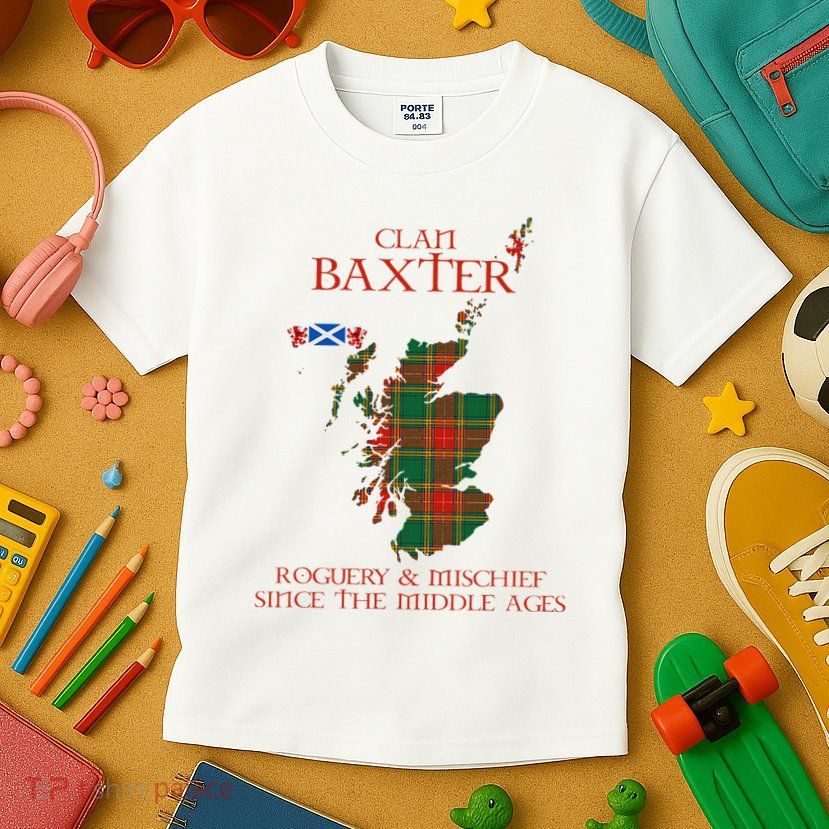 Clan Baxter Tartan Scotland Maps Saltire Lion Rampant Kids T-Shirt