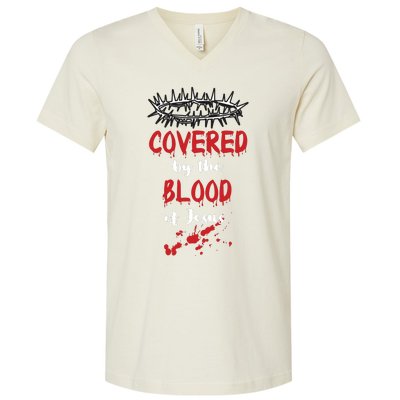 Covered By The Blood Of Jesus Christian Halloween Funny V-Neck T-Shirt