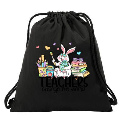 Cute Bunny Teachers Change The World Easter Day Drawstring Bag