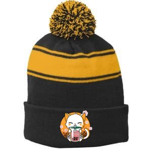 Cat Boba Tea Bubble Tea Anime Kawaii Neko Gifts Girl Teens Stripe Pom Pom Beanie