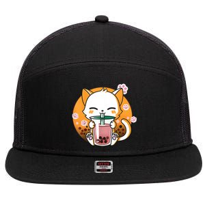 Cat Boba Tea Bubble Tea Anime Kawaii Neko Gifts Girl Teens 7 Panel Mesh Trucker Snapback Hat