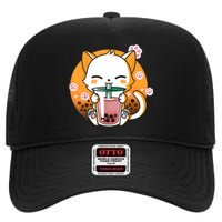 Cat Boba Tea Bubble Tea Anime Kawaii Neko Gifts Girl Teens High Crown Mesh Back Trucker Hat