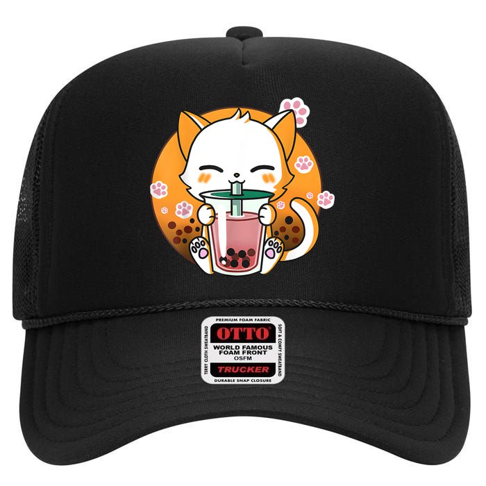 Cat Boba Tea Bubble Tea Anime Kawaii Neko Gifts Girl Teens High Crown Mesh Back Trucker Hat