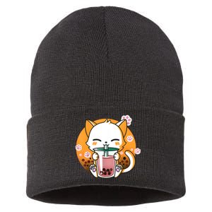 Cat Boba Tea Bubble Tea Anime Kawaii Neko Gifts Girl Teens Sustainable Knit Beanie