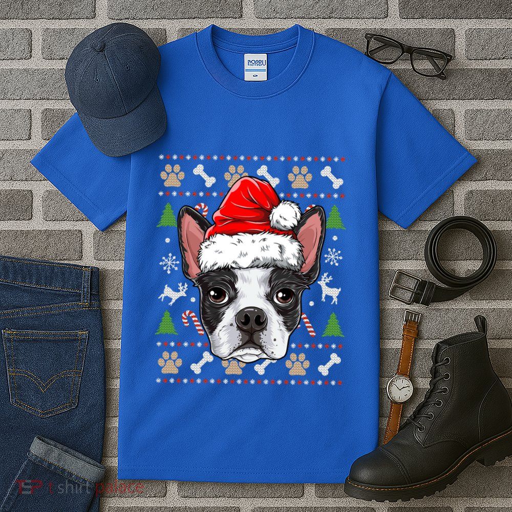Cute Boston Terrier Ugly Christmas Sweater Santa Hat Xmas Gift Tall T-Shirt