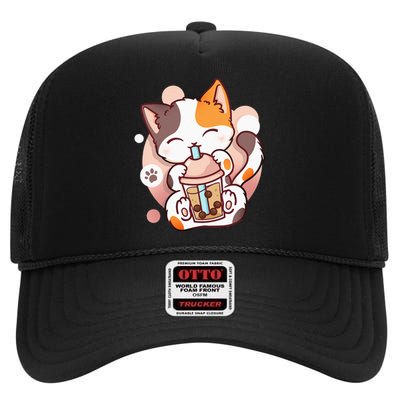 Cat Boba Tea Bubble Tea Anime Kawaii Neko High Crown Mesh Back Trucker Hat