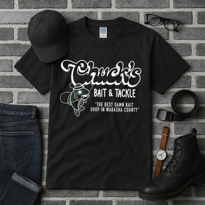 Chuck's Bait & Tackle The Best Damn Bait Shop In Wabsha Country Fishing Father's Day Tall T-Shirt