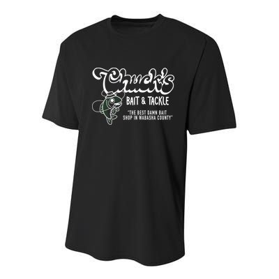 Chuck's Bait & Tackle The Best Damn Bait Shop In Wabsha Country Fishing Father's Day Youth Performance Sprint T-Shirt