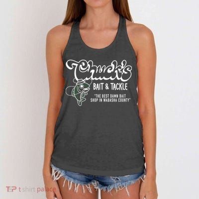 Chuck's Bait & Tackle The Best Damn Bait Shop In Wabsha Country Fishing Father's Day Women's Knotted Racerback Tank