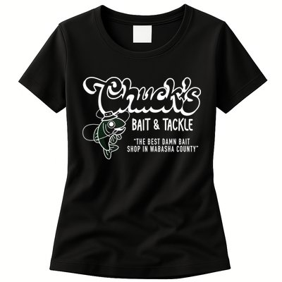 Chuck's Bait & Tackle The Best Damn Bait Shop In Wabsha Country Fishing Father's Day Womens T-Shirt