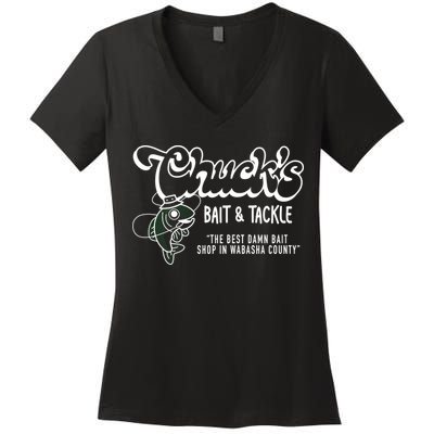 Chuck's Bait & Tackle The Best Damn Bait Shop In Wabsha Country Fishing Father's Day Women's V-Neck T-Shirt