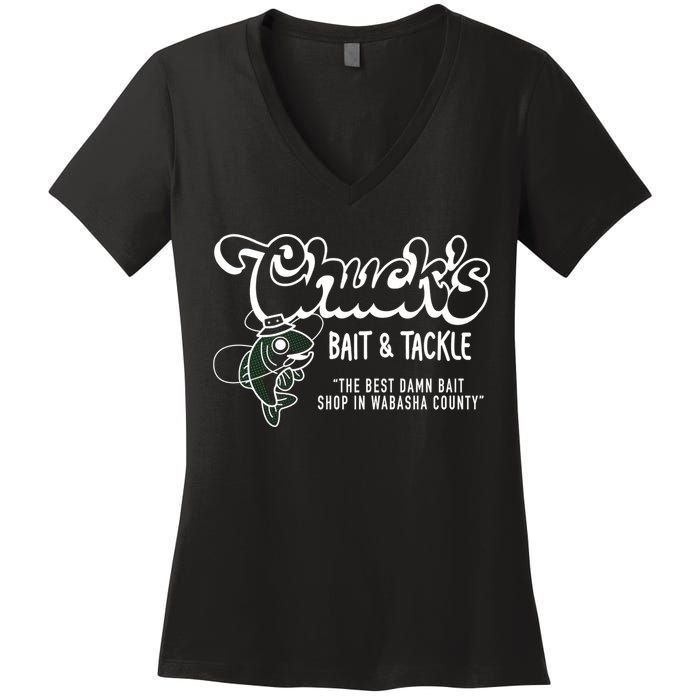 Chuck's Bait & Tackle The Best Damn Bait Shop In Wabsha Country Fishing Father's Day Women's V-Neck T-Shirt