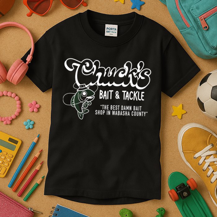 Chuck's Bait & Tackle The Best Damn Bait Shop In Wabsha Country Fishing Father's Day Kids T-Shirt